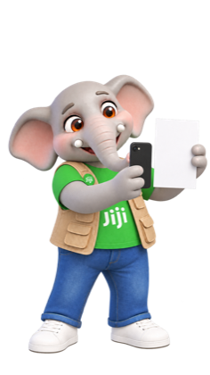 Jembo, the Jiji mascot, scanning a QR code with a phone